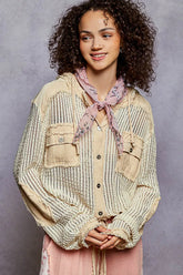 POL Texture Woven Button Down Hooded Shirt with Drawstring Hem CREAM MULTI OutfitFlow